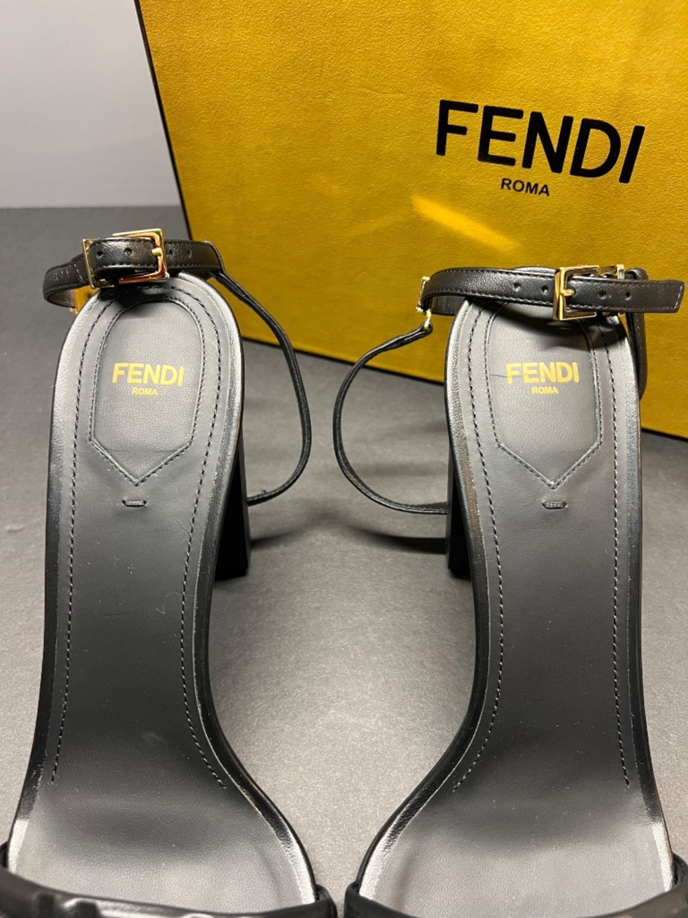 New Fendi Delfina Sandal Black Leather Ankle Strap High Heeled Logo Shoe sz 12 / - Picture 4 of 10